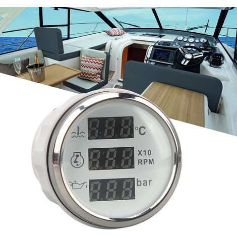 Manomètre trois-en-un DC9-32V 52MM pour la température de l'eau, la vitesse et la pression d'huile, adapté aux camping-cars, yachts, bateaux de pêche et navires (cadran blanc, couvercle argenté) (Réfé (1/5)