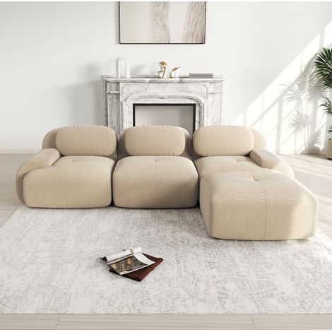 Canapé d'angle 3 places en velours côtelé – Canapé modulable – 32D haute élasticité – Accoudoir ergonomiques – Beige – Sans assemblage (1/5)