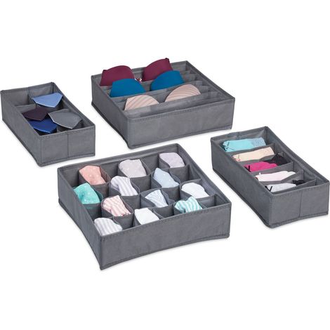 Relaxdays Organiseur sous-vêtements, 4 pièces, Système rangement boites pour armoire, pour chaussettes, gris foncé (1/5)