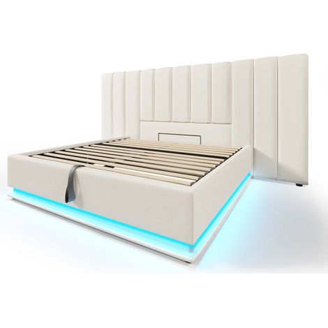 Cama con almacenaje 180 x 200 cm en PU blanco con LED y USB-C, con somier, sin colchón (1/5)