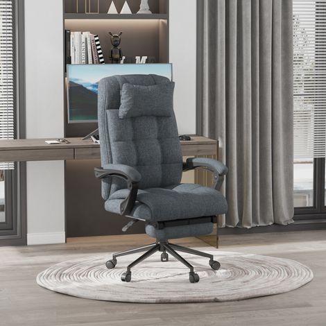 Chaise de Bureau Ergonomique Inclinable, Fauteuil Directeur à Dossier Haut, Siège de Travail avec Appuie-tête et Repose-pieds Escamotable, 66x76x112-120cm, Gris (1/5)