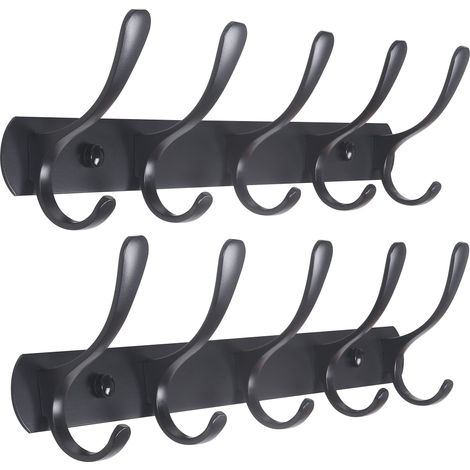 Set of 2 Modern Wall Mounted Coat Rack with 5 Hooks, Sturdy Metal Coat Rack for Hanging Clothes, Coat, Hats, Jackets, Backpack, Black (1/5)