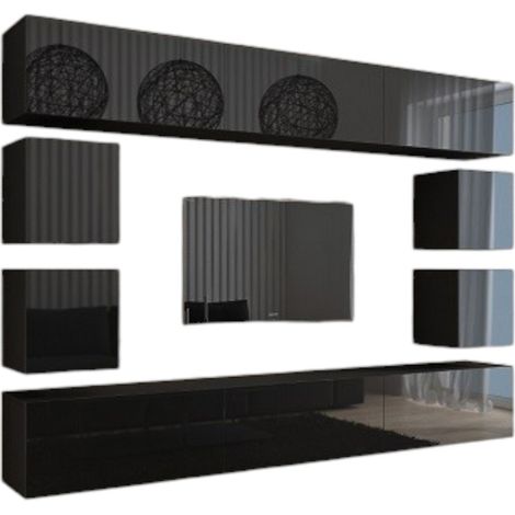 Set di mobili da soggiorno neri sospesi collezione CEPTO XVII 249cm, 10 pezzi, led, modulari. (1/5)