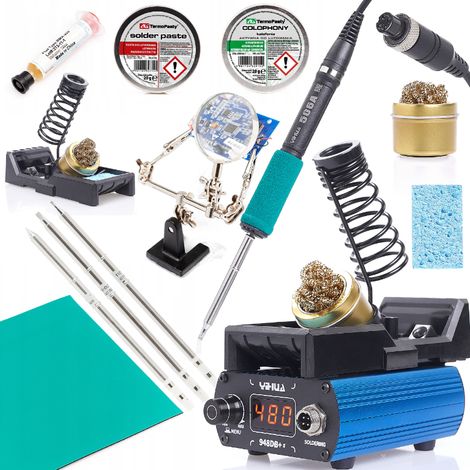 Stazione di saldatura di precisione per punte con riscaldatore integrato T12 Yihua 948db+II + Colofonia 20 g + Pasta saldante 20 g + Terza mano con lente d'ingrandimento - staffa di montaggio + Flusso