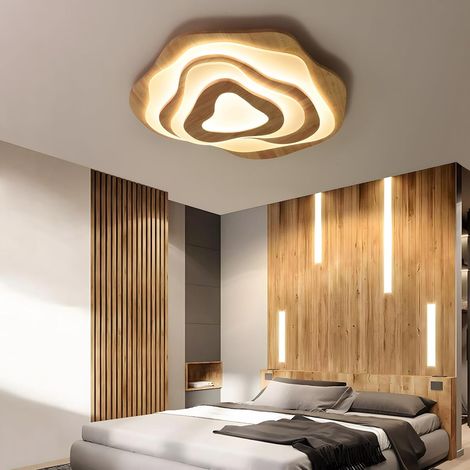 Plafonnier LED Bois Ø57cm 50W 4300lm 3000K-6000K Dimmable Avec Télécommande, Lampe Moderne Bois Naturel + Nuages Acryliques, Salon Chambre D'Enfant Cuisine Salle Manger Bureau Domicile (1/5)