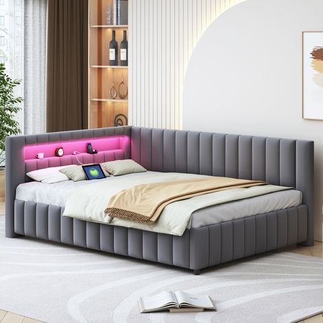 Canapé-lit en velours gris 140x200 cm avec LED, port USB et sommier à lattes (1/5)