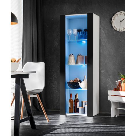 Komodee Vitrine Armoire Tivoli, Blanc/Noir, Largeur 55cm x Hauteur 159cm x Profondeur 35cm, LED Bleu, 3 étagères, pour Salon, Chambre, Entrée
