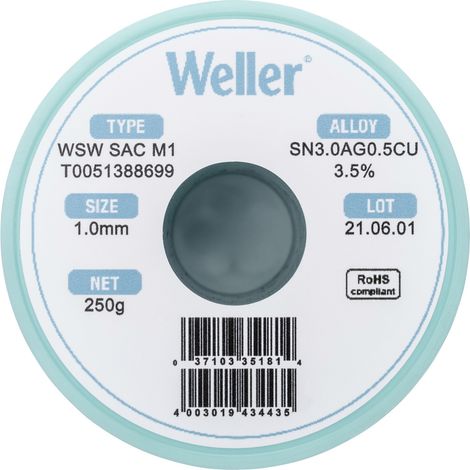 Weller WSW SAC M1 Lötzinn, bleifrei Spule Sn3,0Ag0,5Cu 250 g 1 mm (1/5)