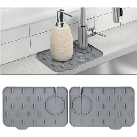 Mini Tapis Anti Eclaboussure Evier [Lot de 2] - Tapis de Robinet en Silicone avec Evacuation - Protege Evier Pratique 210x145x5 mm (1/4)