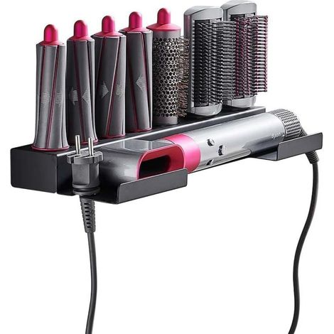 Soporte de pared para rizador de pelo, acero inoxidable, adhesivo sin taladrar, negro, para accesorios de cabello (1/5)