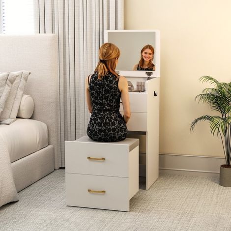 Coiffeuse 3-en-1 avec miroir, table de chevet, tabouret à roulettes, tiroirs, blanc (1/5)