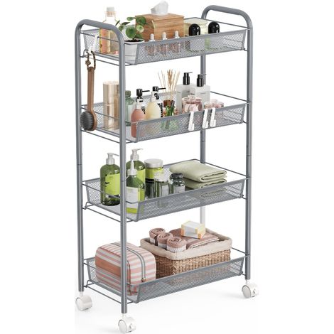 Chariot de rangement à 4 niveaux, chariot à roulettes, chariot de Chariot de rangement mobile portable, stable et facile à installer, chariot de rangement pour chambre à coucher, cuisine (1/5)