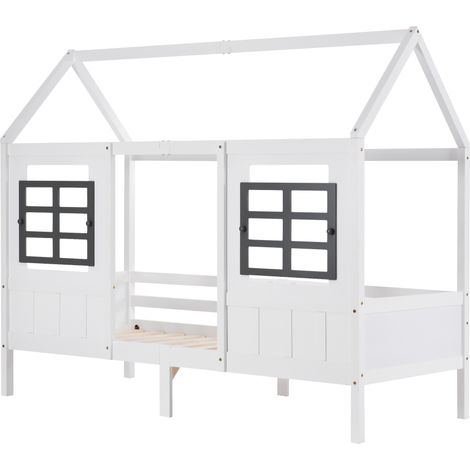 Cama infantil tipo casita 90 x 200 cm con 2 cajones, 2 ventanas, pino y MDF, blanca HOMVRA (1/5)