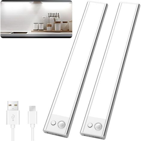 Réglette LED rechargeable USB 23cm – 1500mAh – 3 modes d'éclairage – Détecteur de mouvement pour cuisine et placard – Lot de 2 (1/5)