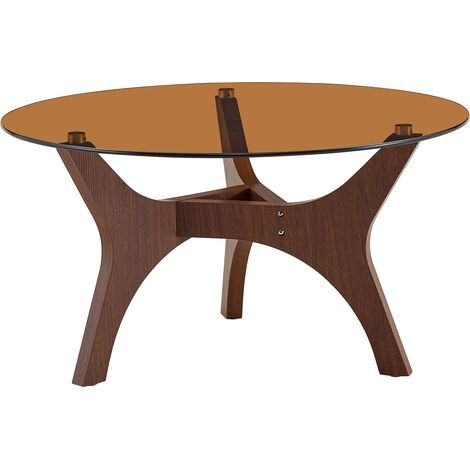 Table basse ronde 80 cm, plateau en verre ambré, cadre en bois marron, résistant à la chaleur et aux rayures, pour salon, bureau ou lounge. (1/5)