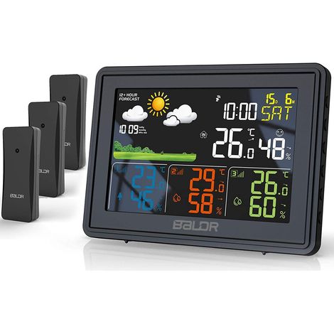 Stazione meteorologica radio con 3 sensori esterni, termometro igrometro digitale umidità con previsioni meteo, stazione meteorologica DCF con schermo a colori (nero/senza batteria)