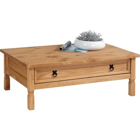 Idimex – Table basse en pin massif cirée – Plateau rectangulaire 100x65cm – 1 tiroir coulissant des 2 côtés – Ferroneries noires