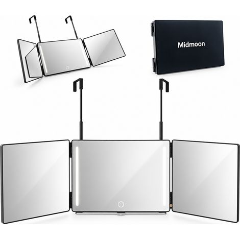 Miroir 3 Faces Pliable 360° pour Coiffure Homme – Miroir de Coiffure pour Voir l’Arrière de la Tête – Noir, Sans LED