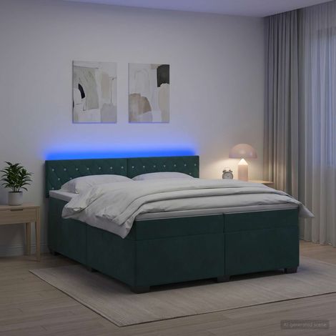 Cama con Base Tapizada, Colchón y Luz LED Verde oscuro (1/5)