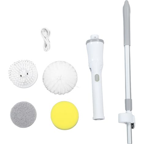 Balai électrique rotatif sans fil avec 6 têtes de brosse remplaçables, manche télescopique pour sol et carrelage, blanc. (1/5)