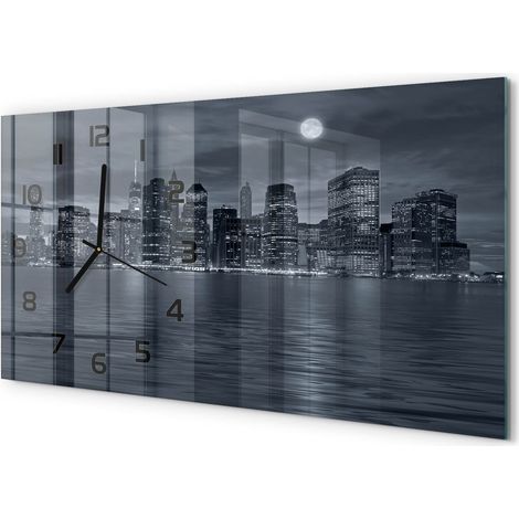 Grande Horloge Murale 60x30 cm Design Panoramique Verre Silencieux pour Salon New York la nuit (1/5)