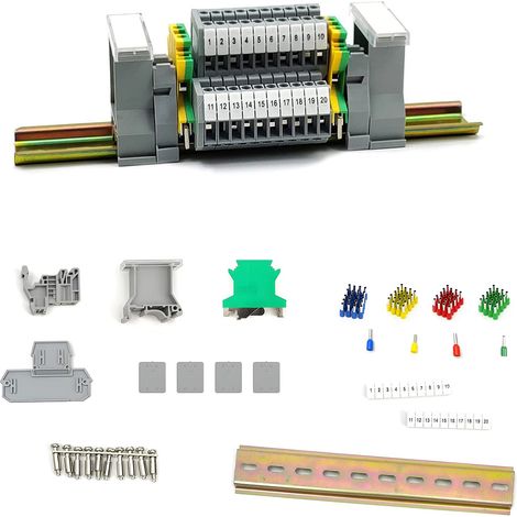 Couche Double Borniers Rail MBKKB2.5 DIN de Boite Rail DIN Connecteur avec Bande de Repérage Numérique Blocs de Mise à la Terre Rails en Aluminium Capuchons (1/5)