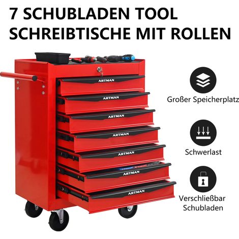 Coffre métallique 7 tiroirs avec roulements à billes, armoire de rangement en acier rouge et noire, boîte à outils organisateur (1/4)