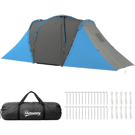 Tente tunnel avec 2 chambres pliable pour salon tunnel, camping imperméable 2000 personnes, chambres, espace transport, gris bleu. (1/5)