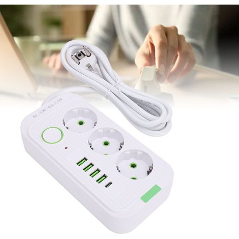 Multiprise européenne 3 prises 4 ports USB A et C – Câble de 2m – Interrupteur de surcharge 10 A – Pour bureau et espaces confinés - 2m-- (1/5)