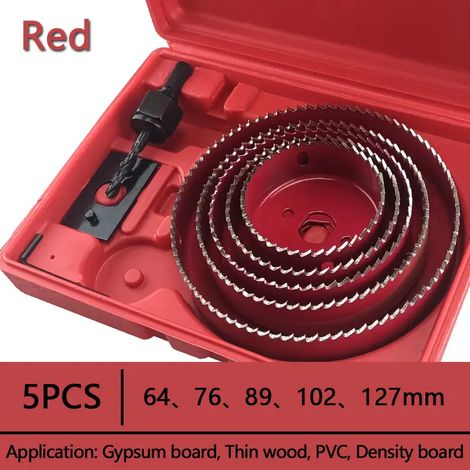 5PCS 64-127mm ensemble de scie cloche scie tasse bois couronne foret pour panneau de gypse bois PVC plastique densité panneau métal outils de travail du bois - Rouge (1/5)