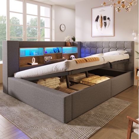 Cama con almacenaje 140x190 cm gris de lino con LED, puertos USB y arcón hidráulico (1/5)
