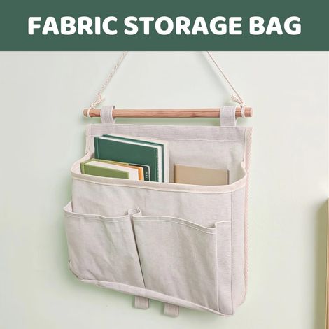 Juego de 3 bolsas de almacenamiento de algodón y lino, que se pueden colgar detrás de una puerta o en la pared, ideales para guardar juguetes, ropa y piezas pequeñas (color beige). (1/3)