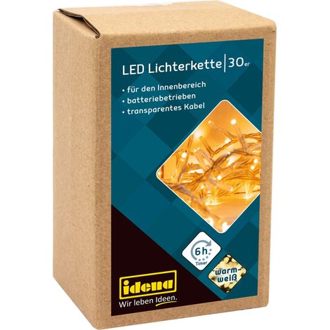 Idena 8582074 - Catena luminosa a LED con 30 LED in bianco caldo, con funzione timer 6 ore, a batteria, lunga circa 2,6 m, per uso interno, come decorazione per feste, Natale, matrimoni (1/4)