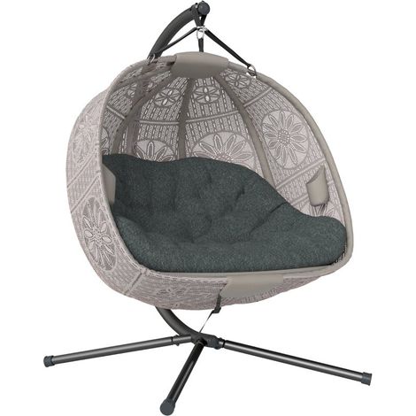 Fauteuil suspendu œuf avec support, coussin amovible lavable, deux places, usage intérieur extérieur, couleur sable et noir