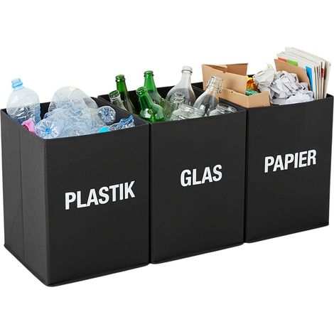 Mülltrennsystem Tasche schwarz mit Griffen wiederverwendbar - 3 x 38 L - Recycling Müllsammler Set für Plastik Glas Papier