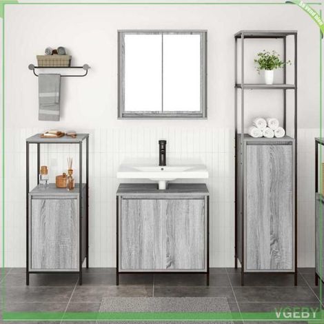 Ensemble de mobilier de salle de bain 3 pcs - moderne - Gris Sonoma et noir - Bois d'ingénierie - Grand espace de rangement (1/5)