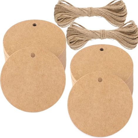 100PCS Étiquettes en Papier Kraft Étiquette Cadeaux-Étiquette Ronde 5.5x5.5cm Kraft Étiquettes Étiquettes de Mariage avec Ficelle pour Dragees Noël Anniversaire Communion (Marron) (1/5)