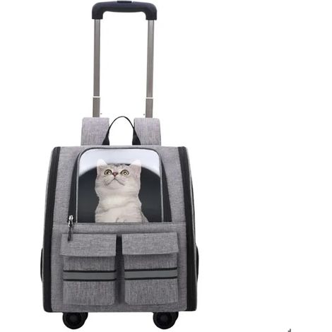 Sac Transport Chat Chien (10KG), Sac à roulettes pour Chat Chien, Pliable 3-en-1 Hauteur Ajustable Respirantes, Gris
