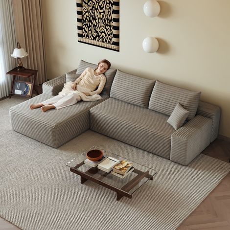 Canapé d’angle convertible XL 3 places, canapé en L en velours côtelé avec méridienne à gauche, assise moelleuse pour salon Camel, 270 x 175 x 83 cm (1/5)