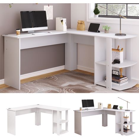 Bureau d'angle en L , 2 plateaux 140x50 et 140x40 cm, étagères, MDF, 140×140×75 cm, blanc (1/5)