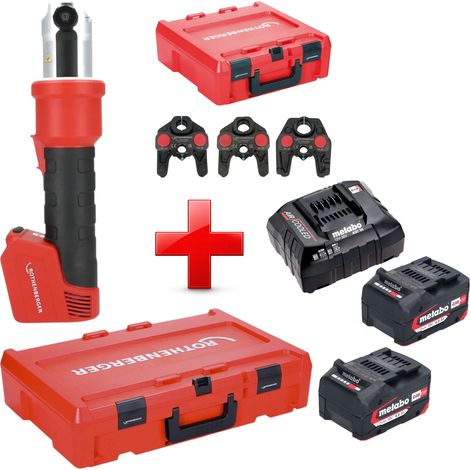 Pressatrice a batteria Rothenberger ROMAX NANO 18 V 34 kN CAS + 2x batteria 4,0 Ah + caricabatteria + set di 3 ganasce di pressatura TH + Rocase