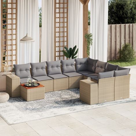 Ensemble Salon Jardin 10 Places Résine Tressée Beige avec Coussins Gris Table Acacia Modulaire (1/4)