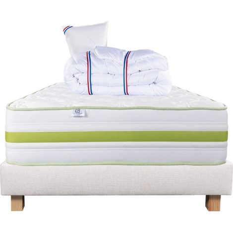 Ensemble Matelas Rêverie, 30 cm, mousses haute densité, ferme, face été/hiver + sommier beige ep20cm + oreiller + couette, 90x190cm (1/5)