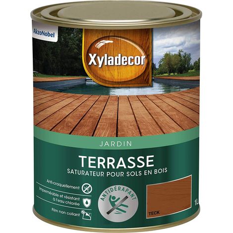 Saturateur pour Sols Extérieurs en Bois - Terrasses, Abords de Piscine, Caillebotis - Antidérapant - Couleur : Mat Teck - Quantité : 1L - 5324232 (1/5)