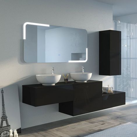Distribain – Ensemble meuble de salle de bain double vasque noir brillant – 2 tiroirs push-open – Vasques en céramique blanche – Miroir anti-buée (1/10)