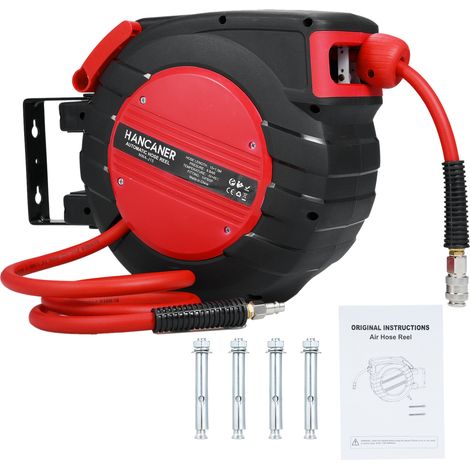 Enrouleur de tuyau d'air rétractable fermé de 15 + 1,5 m, enrouleur de compresseur hybride de 3/8 pouces avec autoguidage pour toute longueur de verrouillage, support pivotant à 180°, coupleur rapide (1/5)