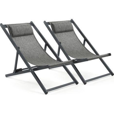 Lot de 2 Chaise Longue Pliable, Coton Bains de Soleil, Gris et Noir (1/5)
