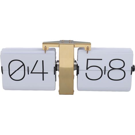 Grande horloge à chiffres inversés Surface lisse Facile à lire Réglage par bouton Horloge à chiffres inversés automatique pour chambre à coucher Salon 24 heures Cadre doré et page blanche Polic