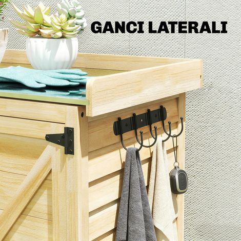 Armoire extérieure en bois avec étagères métalliques et crochets, dimensions 71,5 x 39 x 95 cm, rangement pour jardin