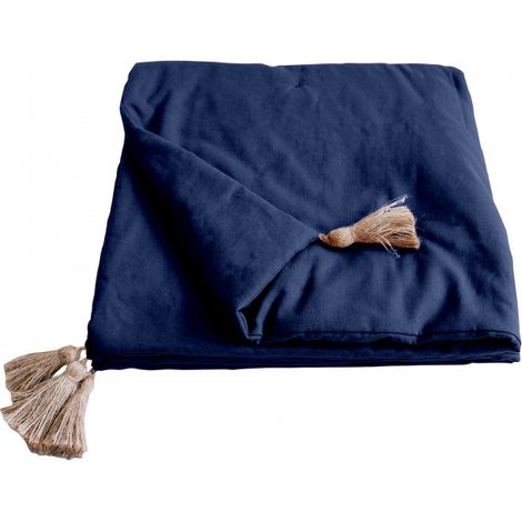 Edredon 100% coton bleu marine 90x190 cm – 4 pompons en jute – Parfait pour lit ou canapé – Utilisation intérieure et extérieure – Enjoy Home (1/2)